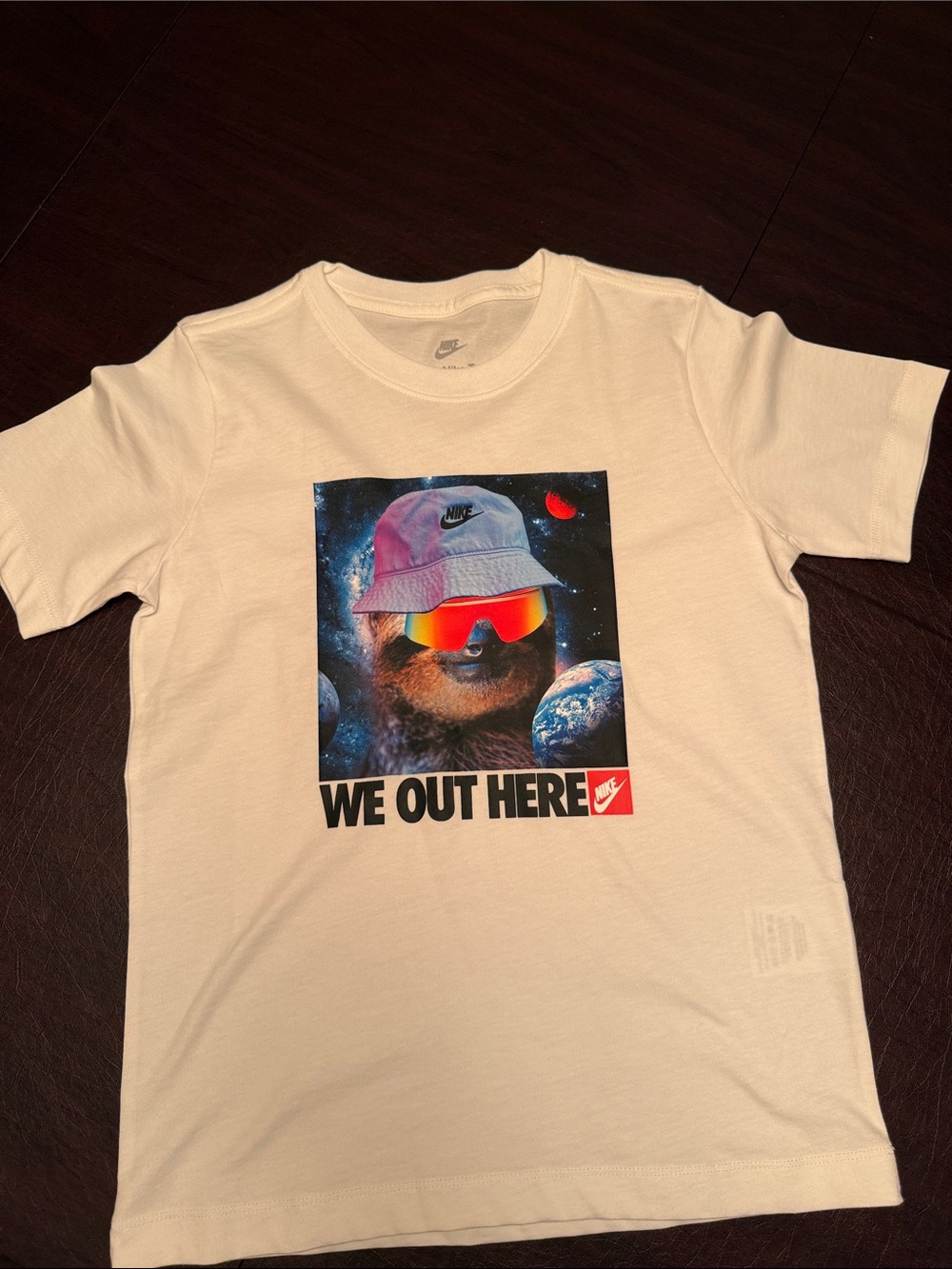 Nike White Tee with Multicolor Space Sloth Graphic